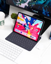 A modern workspace with AI concept illustrations on a digital tablet.