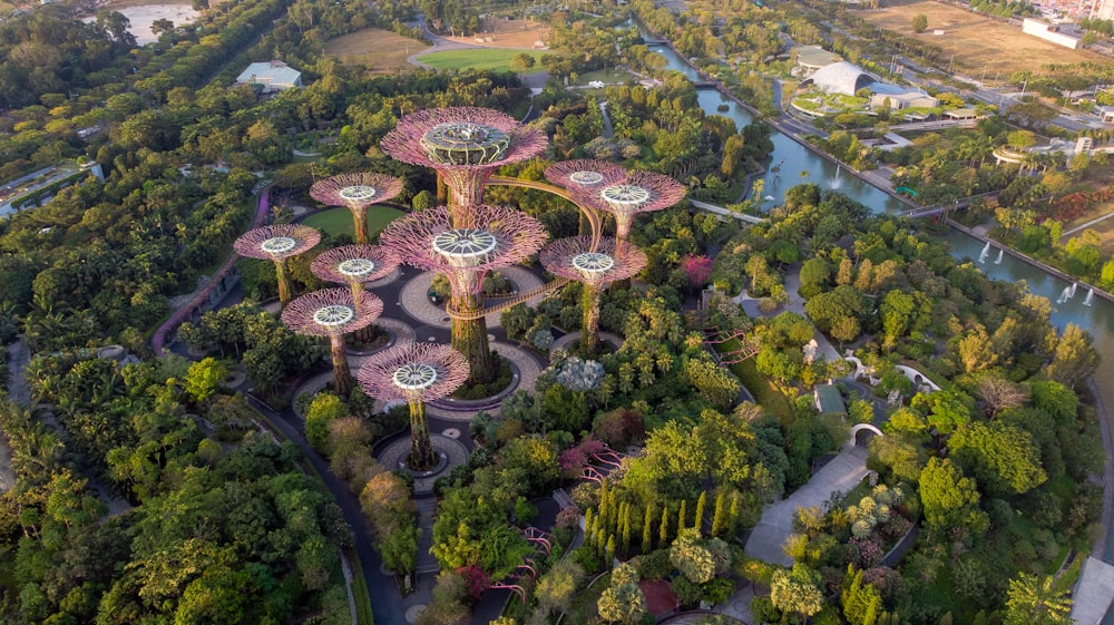 Vista aerea di alberi, fiume e punto di riferimento architettonico