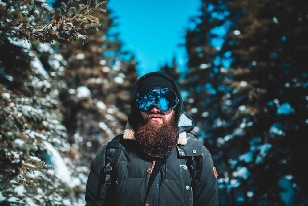man in black jacket and snow goggles