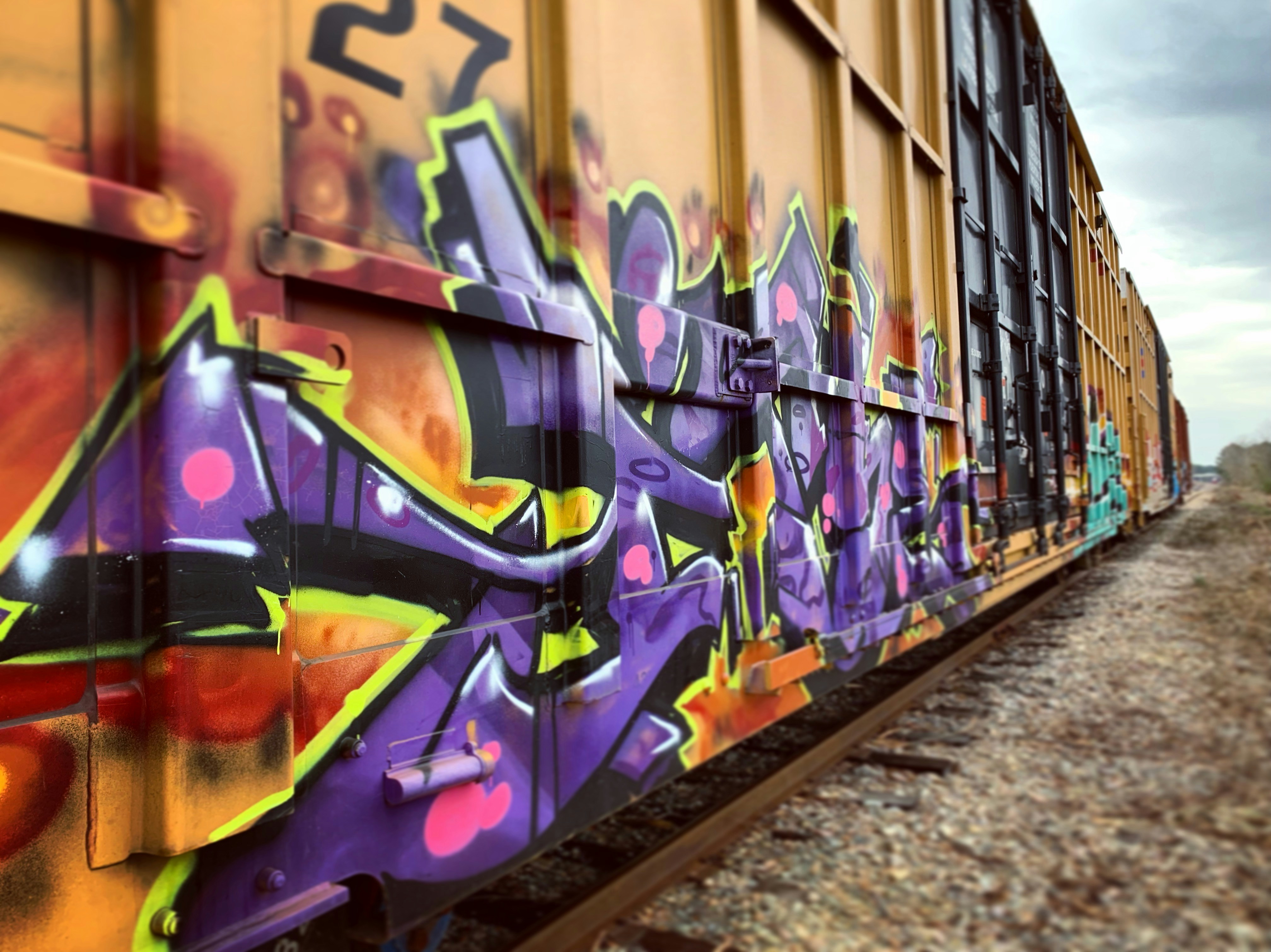 Detailed shot of colorful painted train cars reflecting craftsmanship