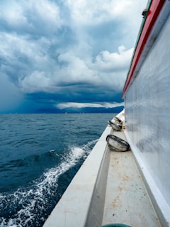 A dramatic photo of a stormy sea with a distressed fishing boat battling towering waves.