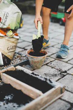 person putting soil inside brown planter