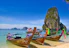 five brown wooden boats