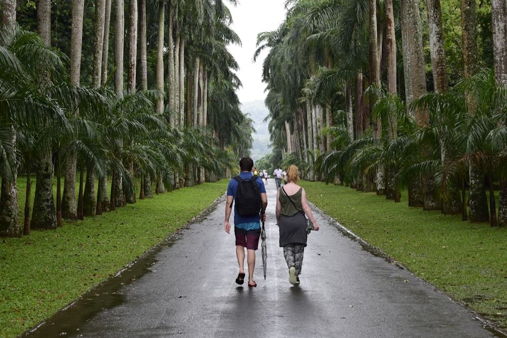 man and woman walking on concrete road in between palm trees during daytime