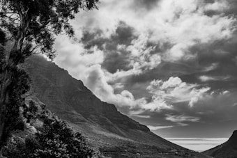 A dramatic black and white landscape photograph depicting a mountainous terrain. Large trees frame the scene on the left, and rugged peaks rise towards a sky filled with textured clouds.