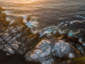 An aerial view of a rocky coastline with waves crashing against the rocks, bathed in warm sunlight. The sunlight creates a golden glow over the water and the rocks, highlighting the textures and patterns of the stone and sea.