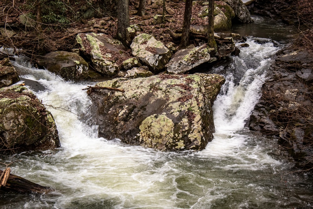 a stream of water running between two large rocks