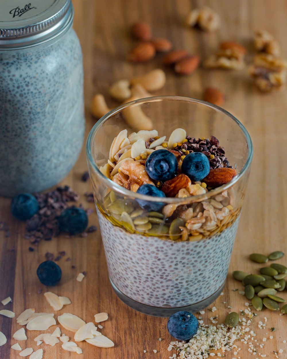 clear drinking glass with seeds