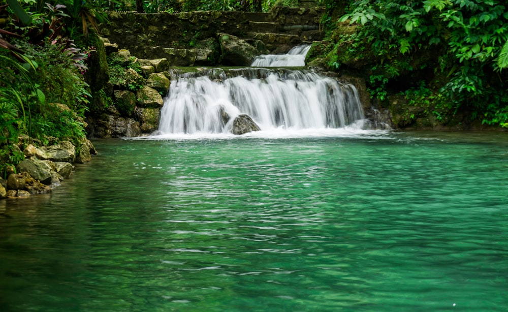 waterfalls between trees at daytime