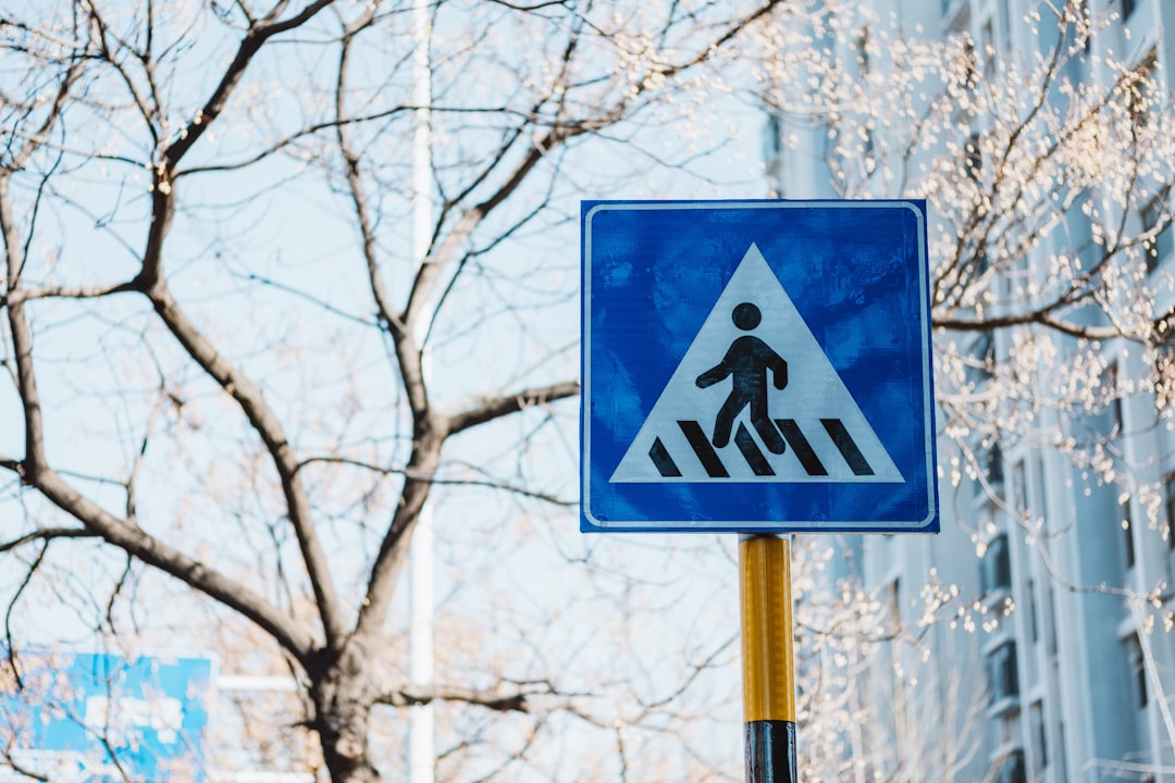 blue and white pedestrian crossing sign