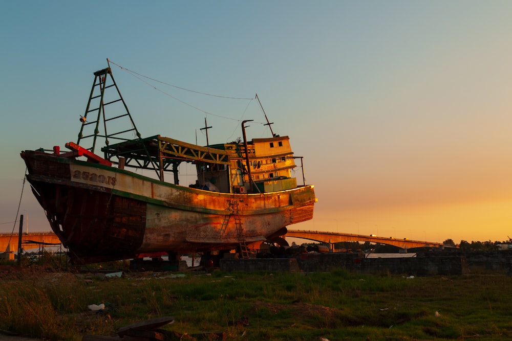 wrecked boat on ground