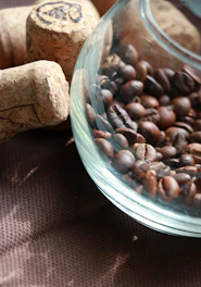 Elegant glass containers holding coffee blends, illuminated by warm, muted lighting.