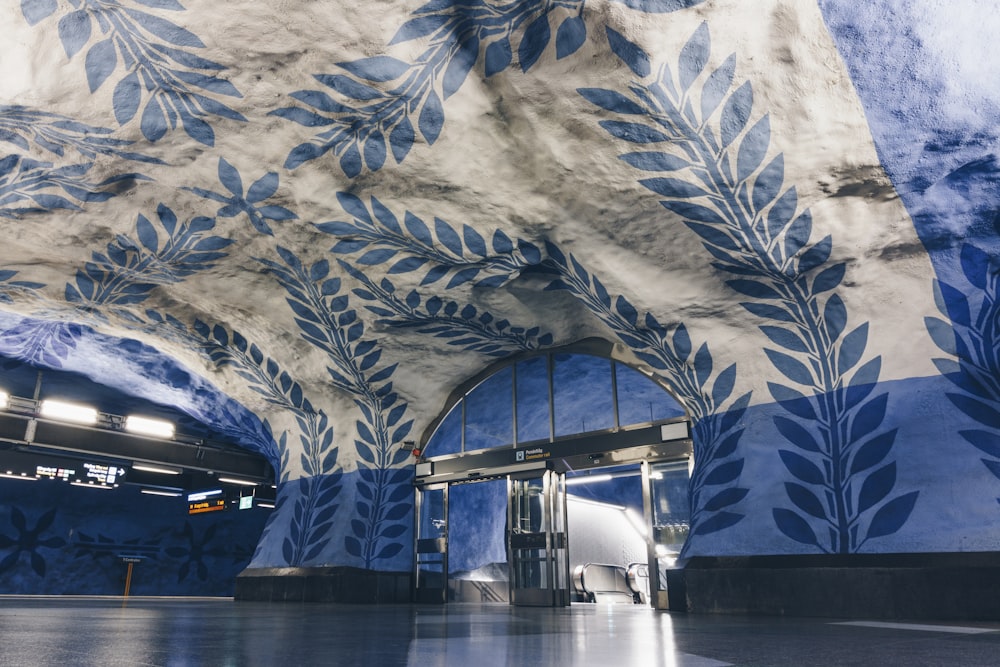 blue and white floral building inside view