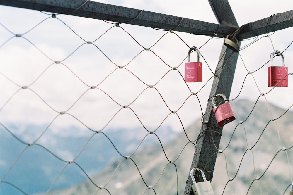five padlocks on chain fence