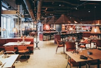 rectangular beige wooden tables and chair