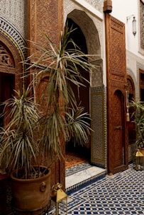 An ornate doorway framed by intricate wooden carvings and detailed mosaic tiles. The scene includes a potted plant with long, thin leaves and a traditional Moroccan lantern placed on a geometric patterned tile floor.