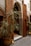 An ornate doorway framed by intricate wooden carvings and detailed mosaic tiles. The scene includes a potted plant with long, thin leaves and a traditional Moroccan lantern placed on a geometric patterned tile floor.