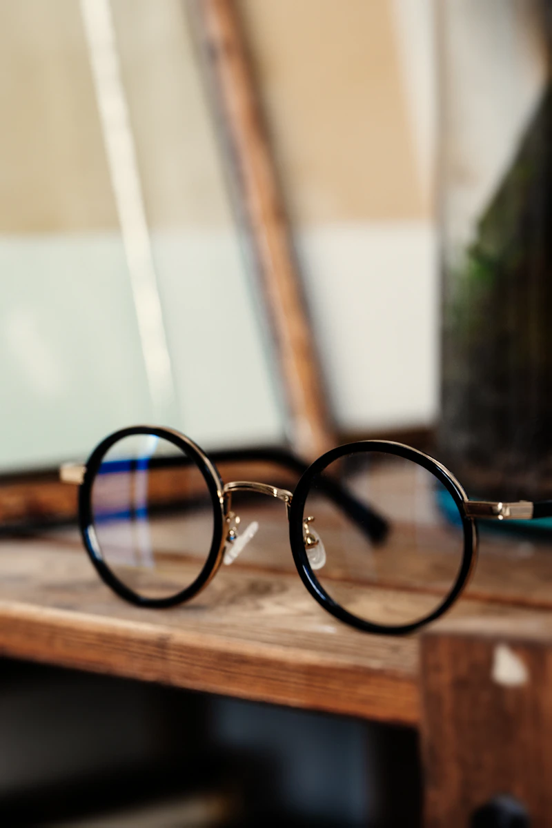 Round designer glasses close-up
