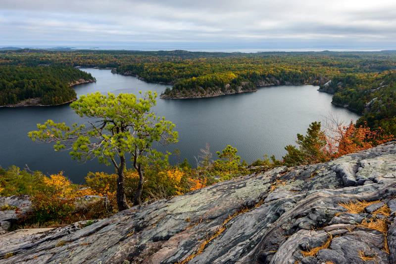 Ontario lake country waterfront with autumn foliage and Canadian Shield rock