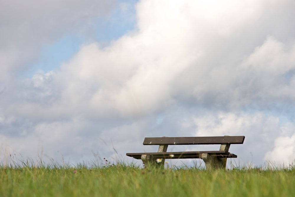 empty wooden bench on grass field during daytime