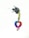 A keychain with a braided heart made of blue, purple, and pink threads is attached to a metal ring with two small silver bells. The braided portion is multicolored, transitioning through shades of blue, purple, and pink. It is connected to a loop of braided thread in yellow and green, from which keys are hanging.