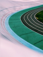 Aerial view of a newly constructed athletic track.