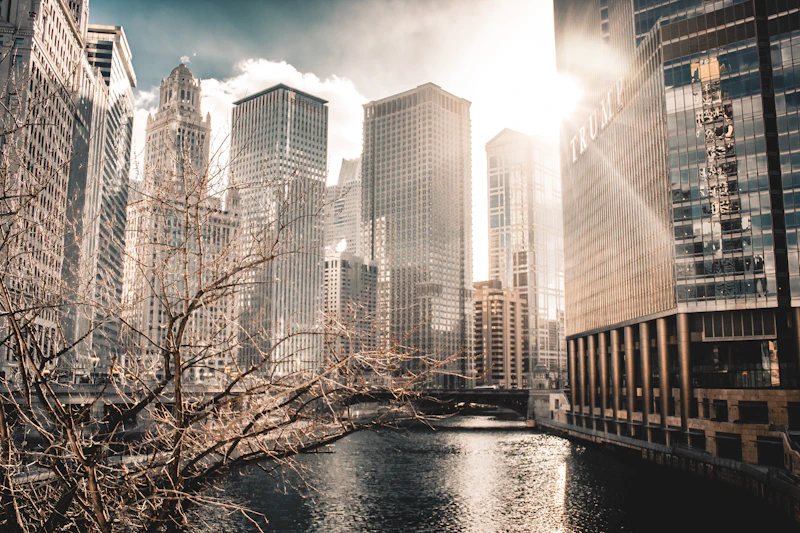 The Chicago River winding past tall downtown buildings