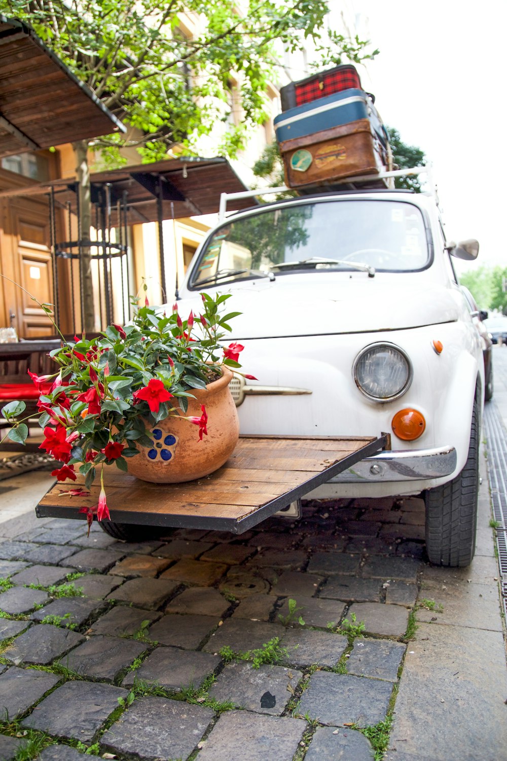 Bagages bruns sur le toit du véhicule blanc