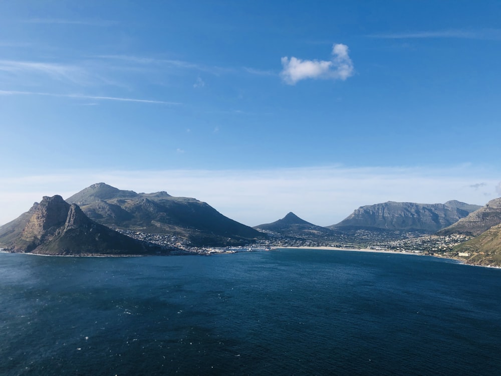 青空の下、山の近くの穏やかな水