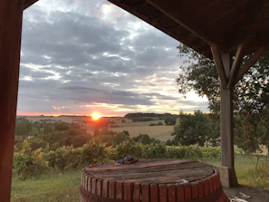 View from hotel balcony showing rolling vineyards and sunset hues