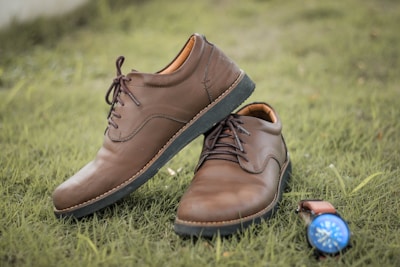 Two brown leather shoes are placed on green grass, with one shoe resting on top of the other. A brown watch with a blue face lies beside them, adding a touch of contrast.
