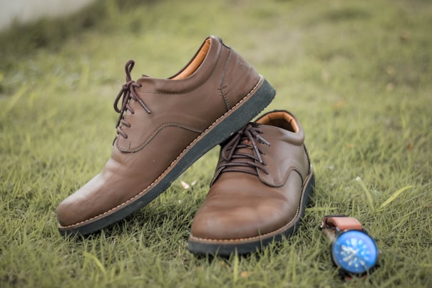 Two brown leather shoes are placed on green grass, with one shoe resting on top of the other. A brown watch with a blue face lies beside them, adding a touch of contrast.