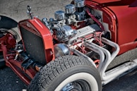 A close-up of a classic truck's engine components.