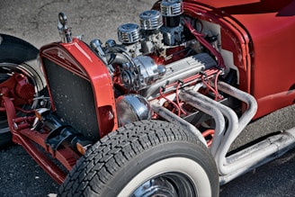 A close-up of a classic truck's engine components.