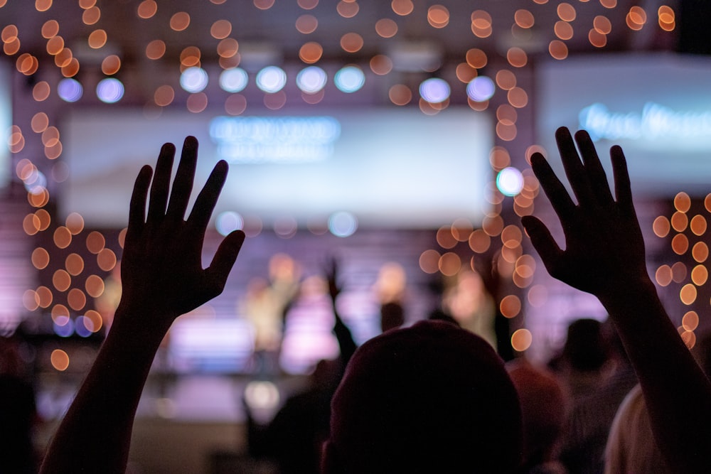 people raising hands with yellow bokeh lights