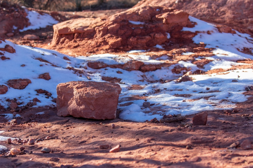 rock and sand covered with snow