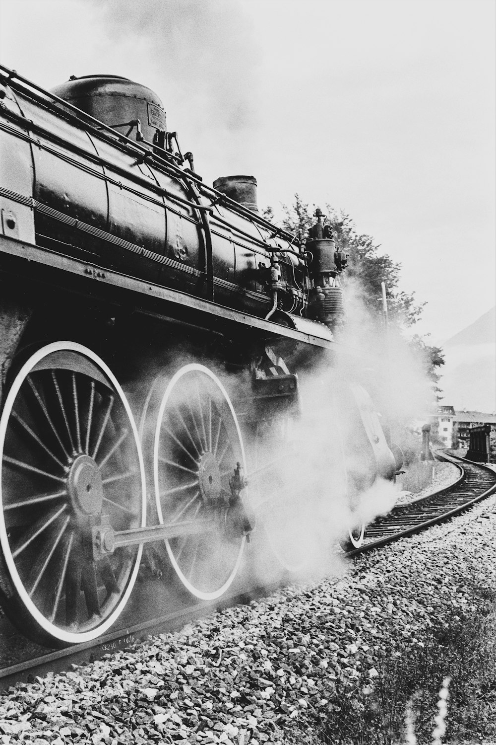 greyscale photography of train