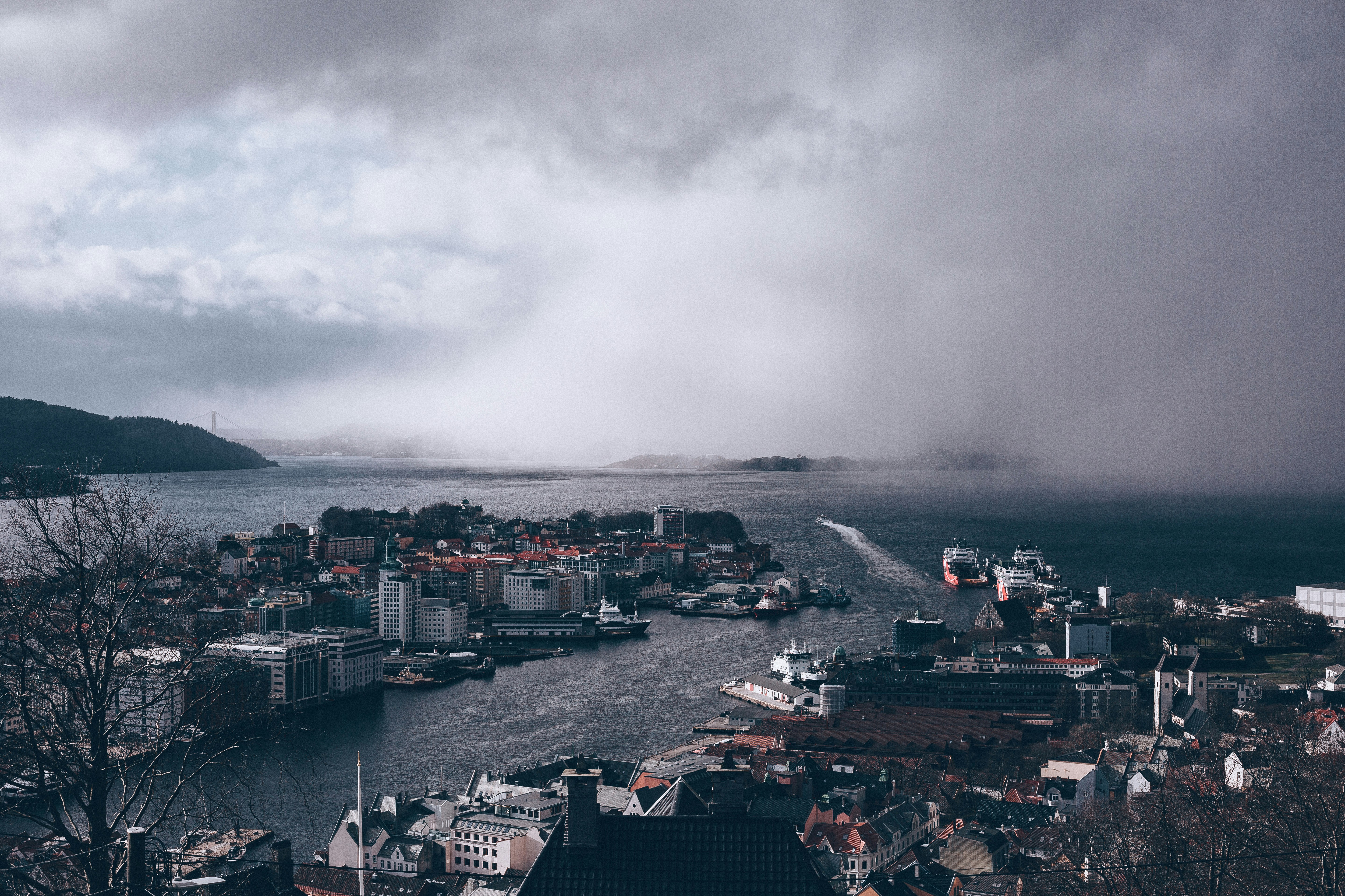 aerial photography concrete houses beside water