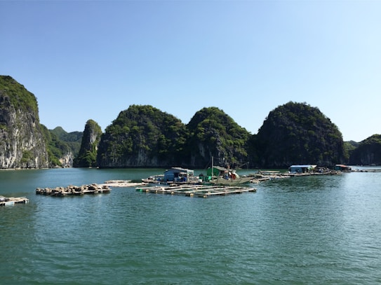 A serene landscape featuring towering limestone islands covered with green vegetation rises from the tranquil water. In the foreground, wooden structures and small buildings float on the water, suggesting a fishing or floating village setup. The clear blue sky enhances the natural beauty of the scene.