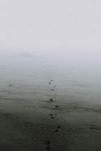 A surreal landscape where colossal footprints fade into a misty horizon.