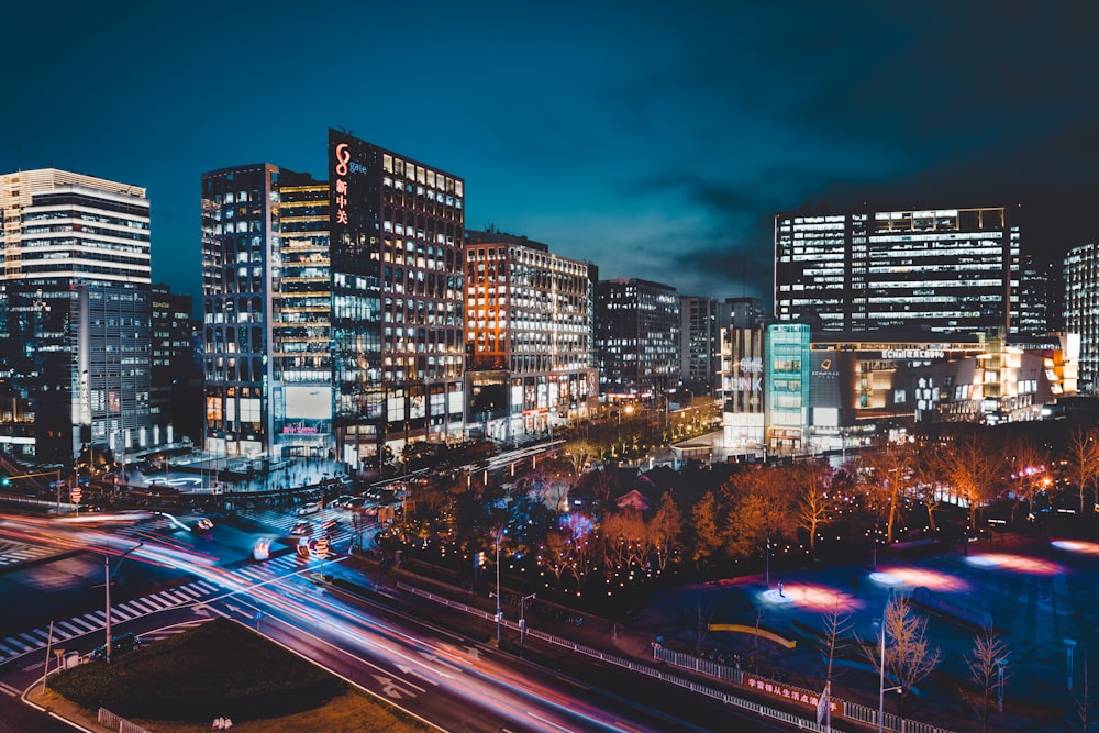 timelapse photography of city skyline at night