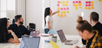 woman placing sticky notes on wall