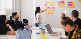 woman placing sticky notes on wall