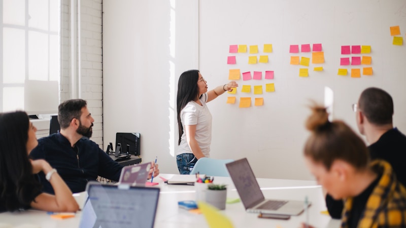 Photo of a marketing team brainstorming with user personas on a whiteboard