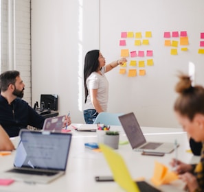 woman placing sticky notes on wall