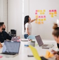 woman placing sticky notes on wall