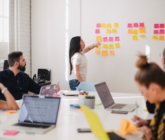 woman placing sticky notes on wall