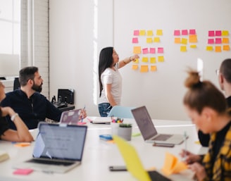 woman placing sticky notes on wall