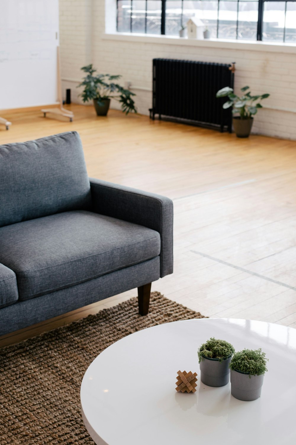 Dos plantas verdes sobre una mesa de madera blanca