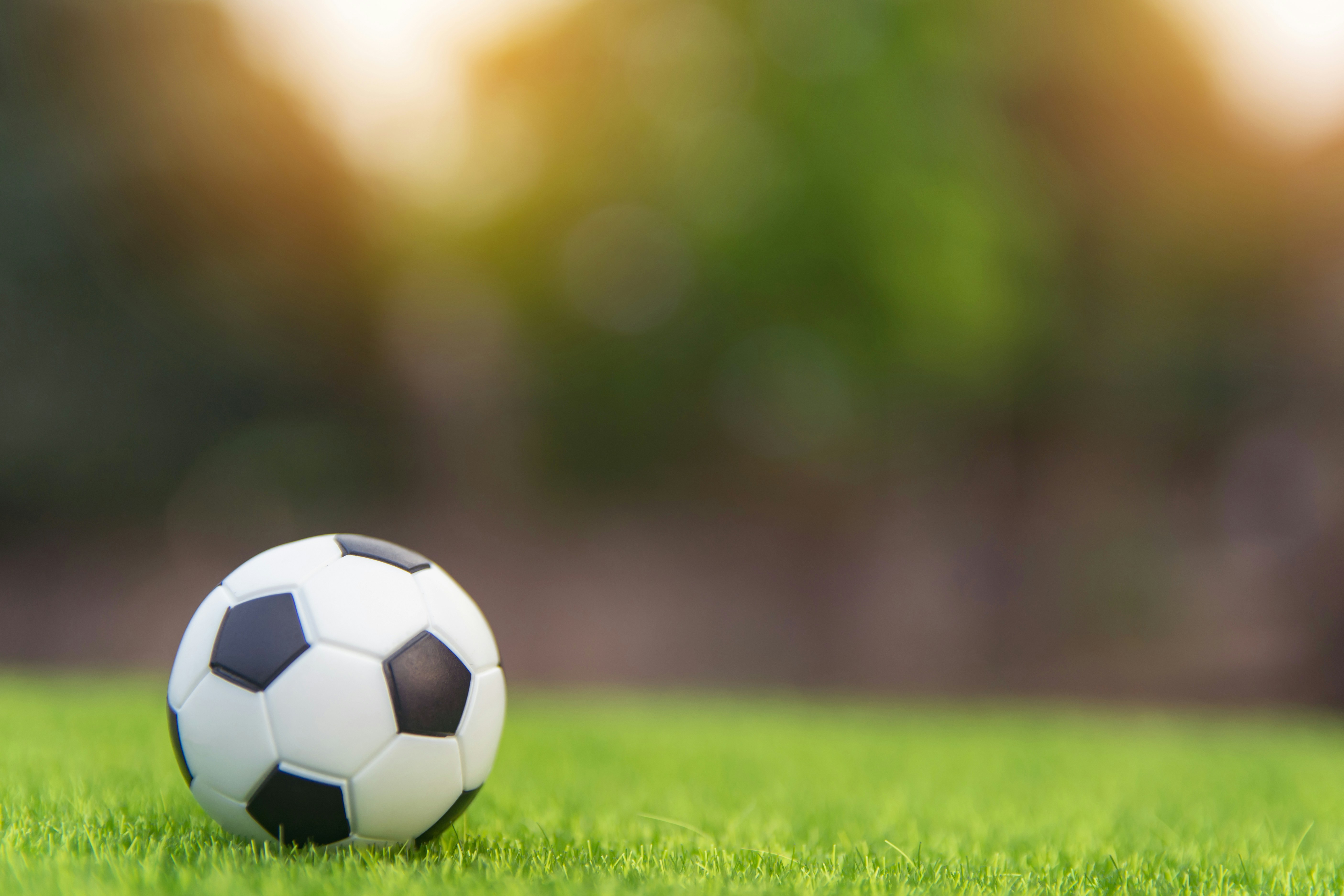 Soccer ball on grass green field with copy space